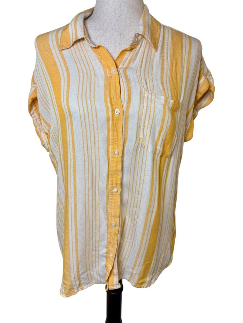 Cosmic Blue Love Yellow White Striped Rayon Button-Up Blouse Medium